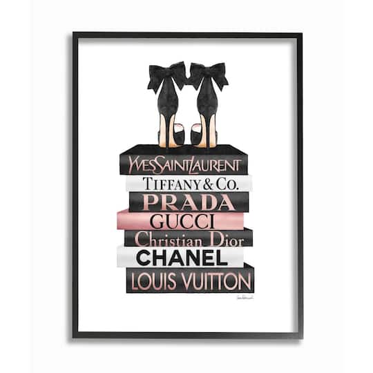 Stupell Industries Elegant Black Bow Heals on Glam Designer Bookstack Framed Wall Art